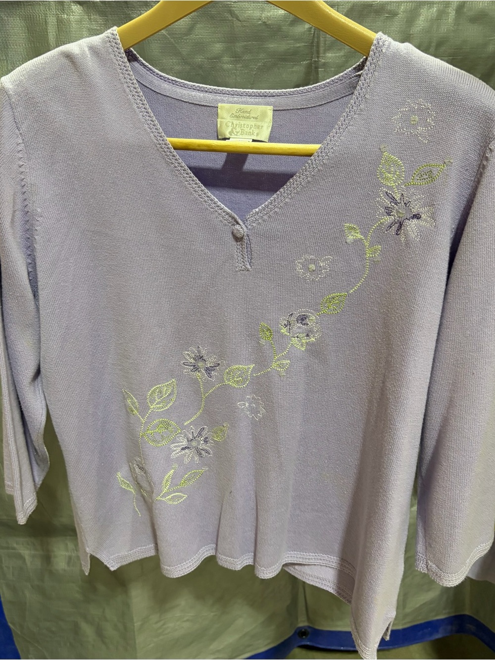 Christopher & Banks Lavender V-Neck Sweater with Green Floral Embroidery